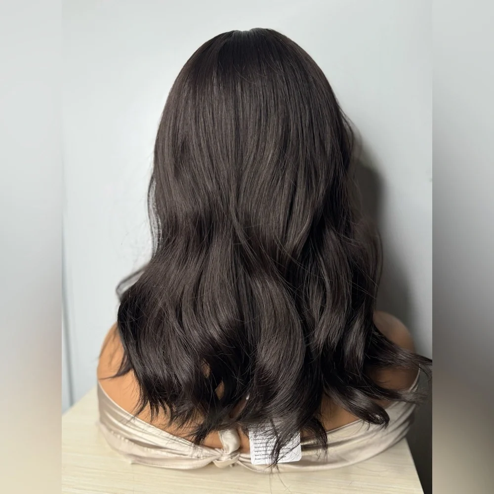 14” Dark Brown Wavy Synthetic Wig with Bangs – Natural Look, Classic Cap